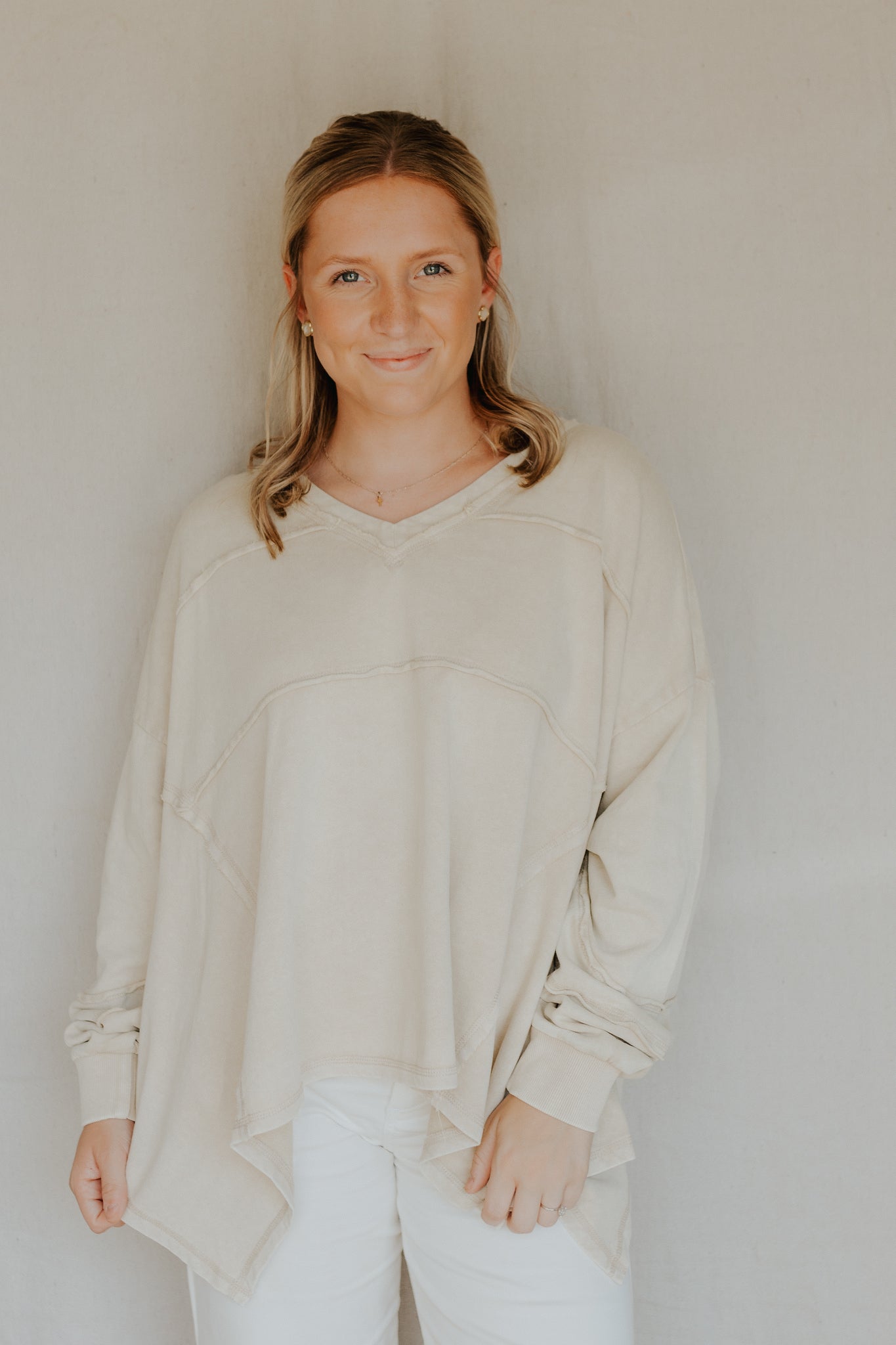 Terry Knit V Neck Top | Khaki