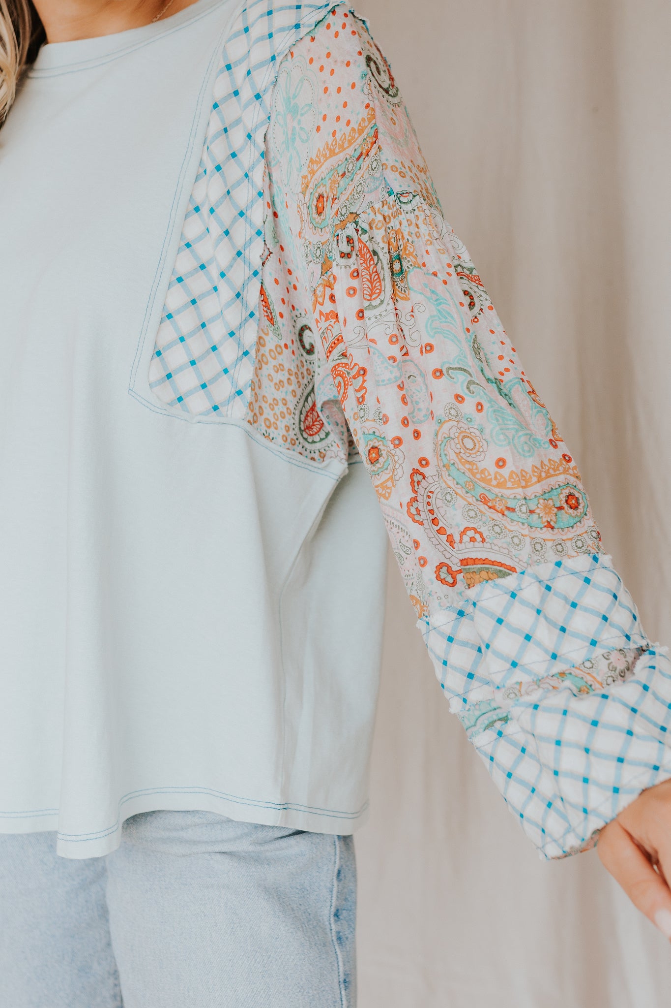 Print Mix Top | Sage Blue