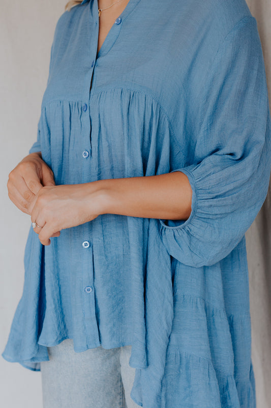 Button Down Tiered Tunic | Denim Blue