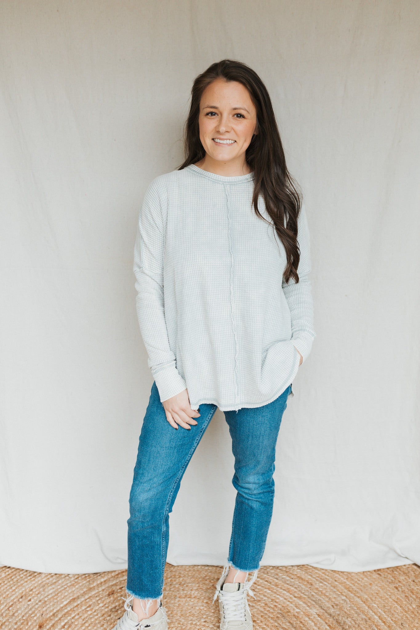 Oversized Baby Waffle Long Sleeve Top | Light Grey