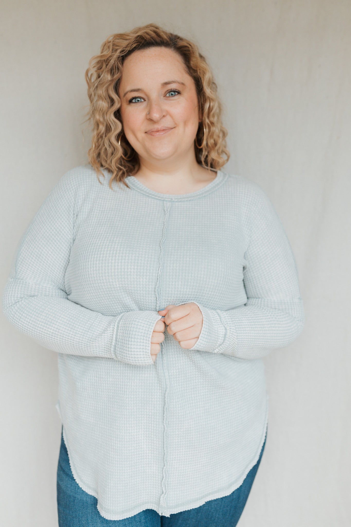 Oversized Baby Waffle Long Sleeve Top | Light Grey