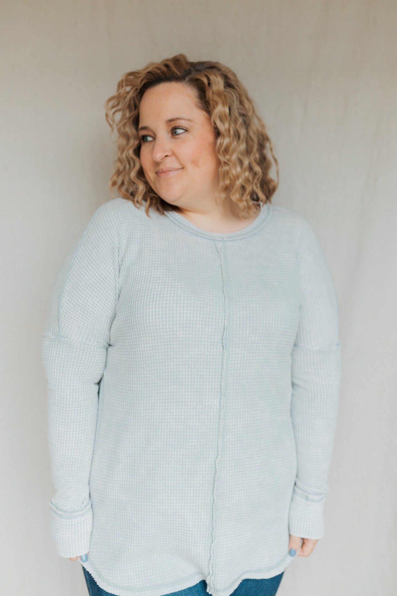 Oversized Baby Waffle Long Sleeve Top | Light Grey