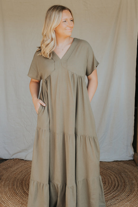 Crepe V Neck Maxi Dress | Olive