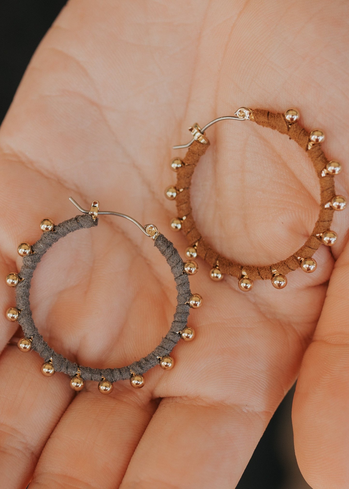 Ball & Suede Wrapped Hoops | Brown & Gray