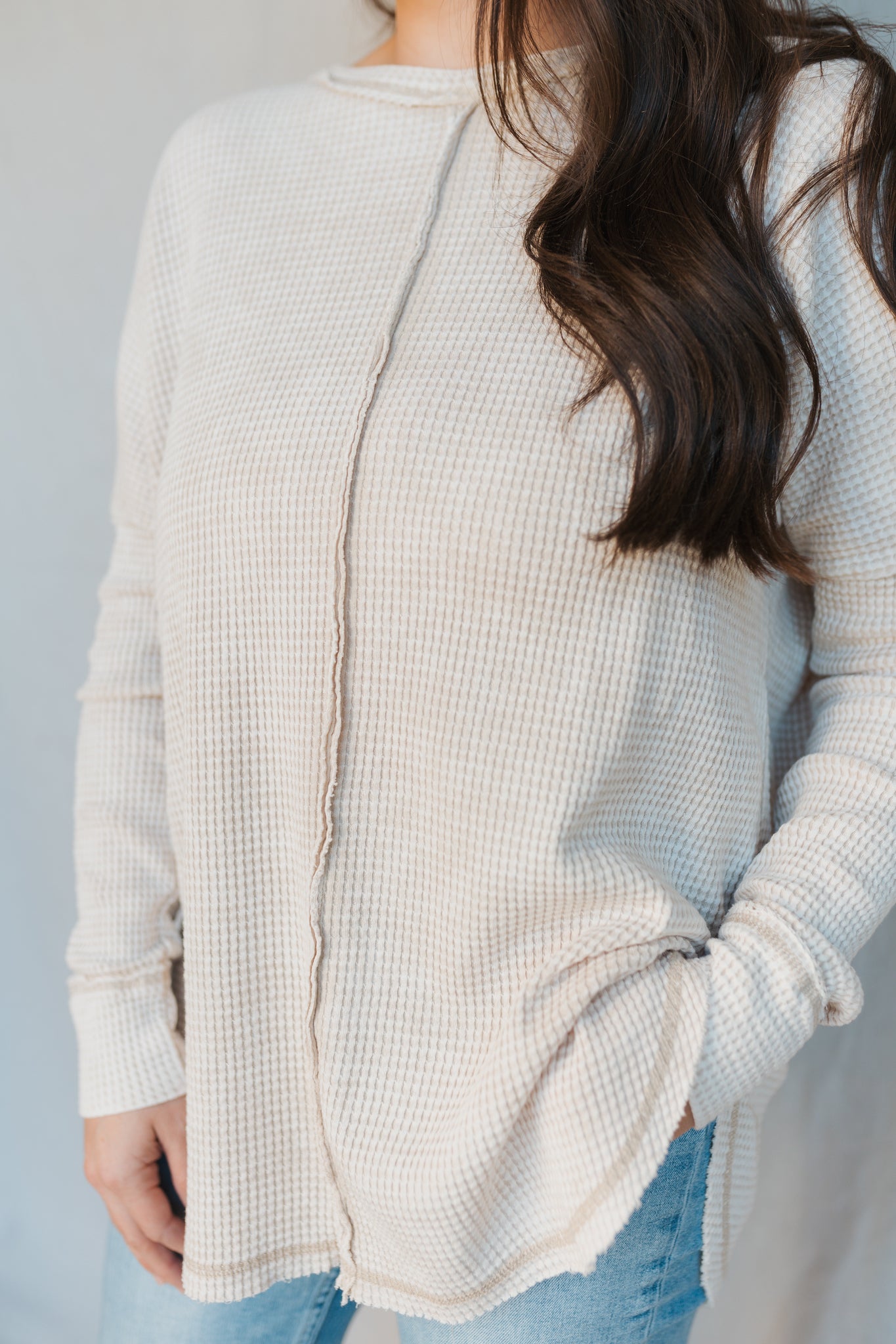 Oversized Baby Waffle Long Sleeve Top | Sand Beige