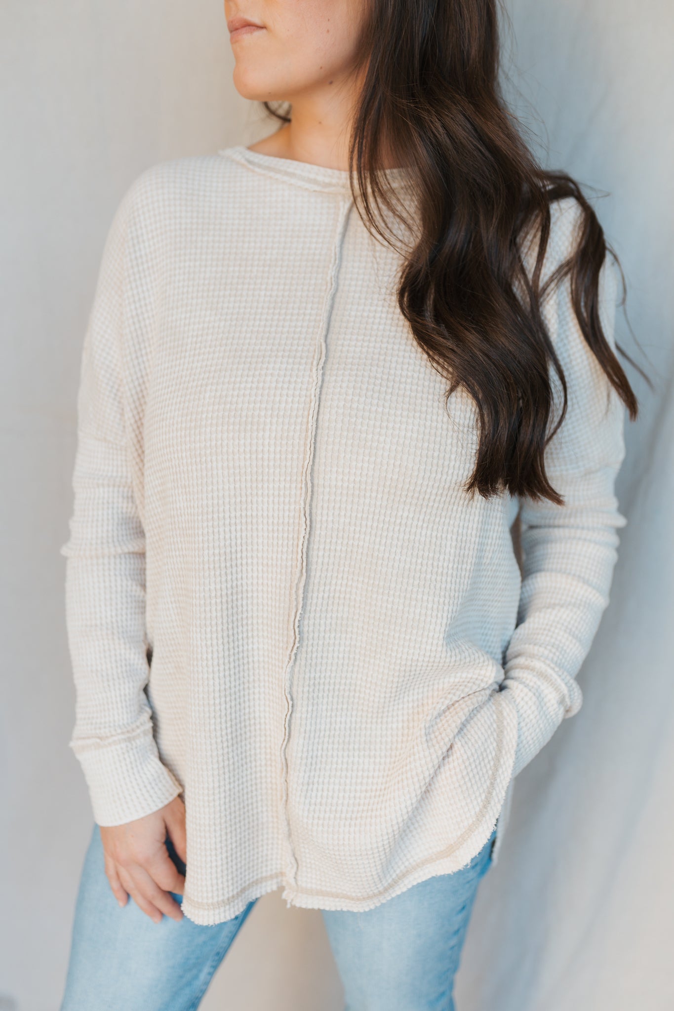 Oversized Baby Waffle Long Sleeve Top | Sand Beige