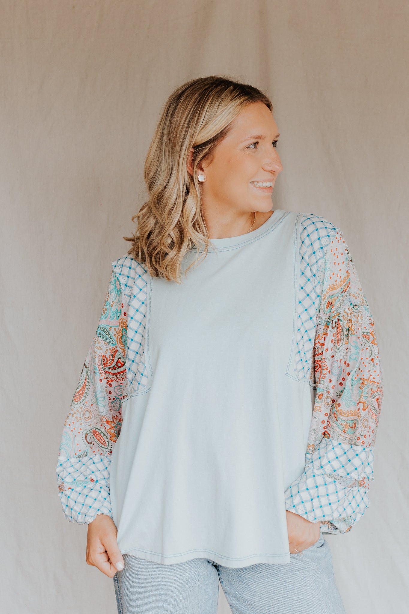 Print Mix Top | Sage Blue