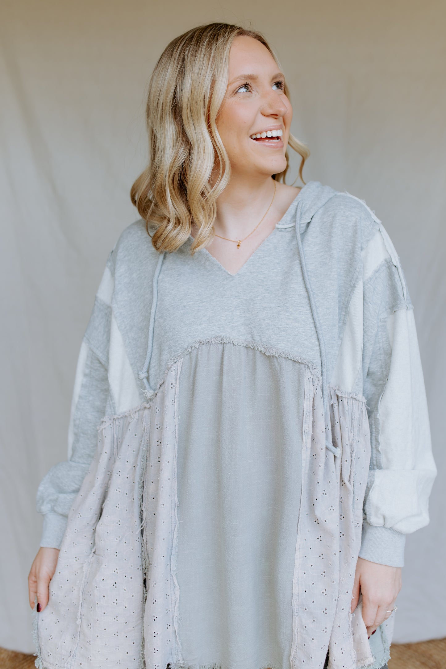 Multi Fabric Layered Hoodie Top