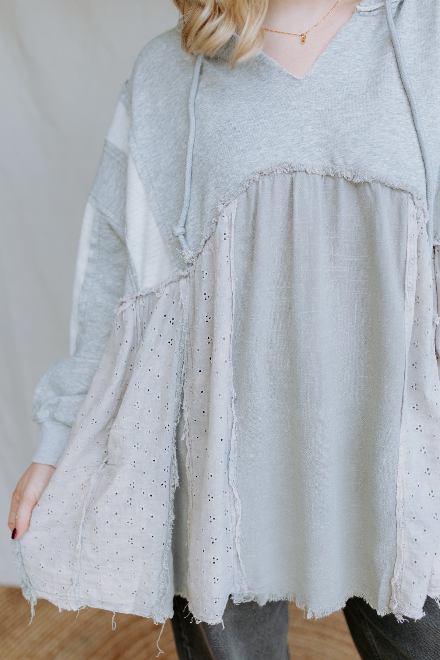 Multi Fabric Layered Hoodie Top