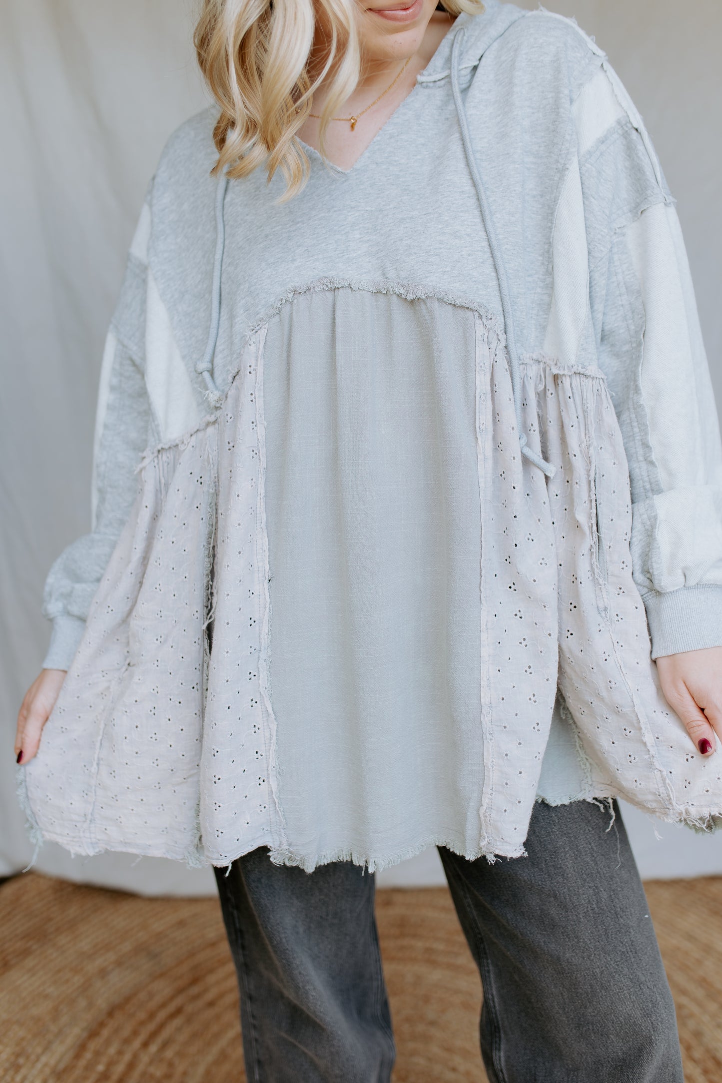 Multi Fabric Layered Hoodie Top