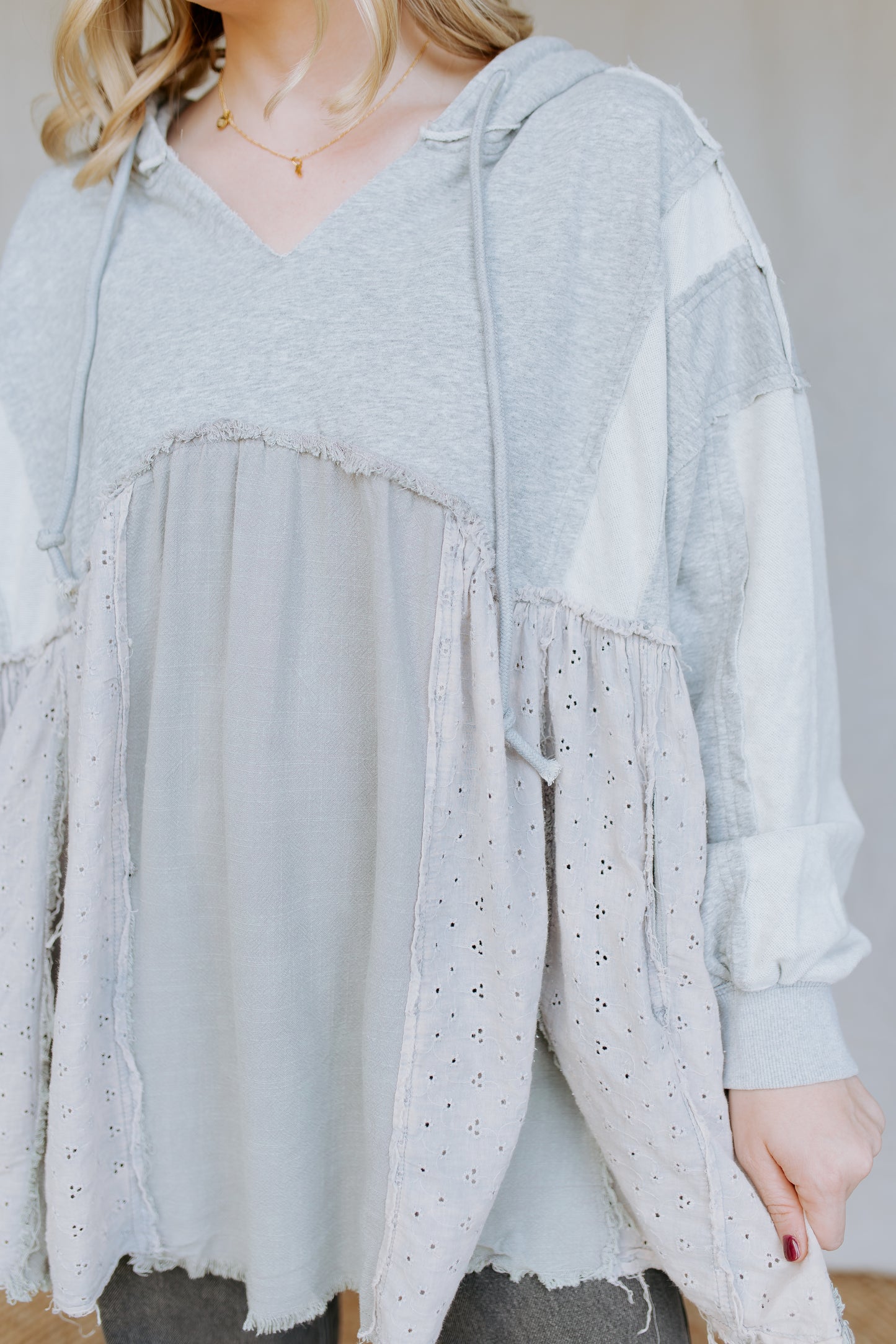 Multi Fabric Layered Hoodie Top