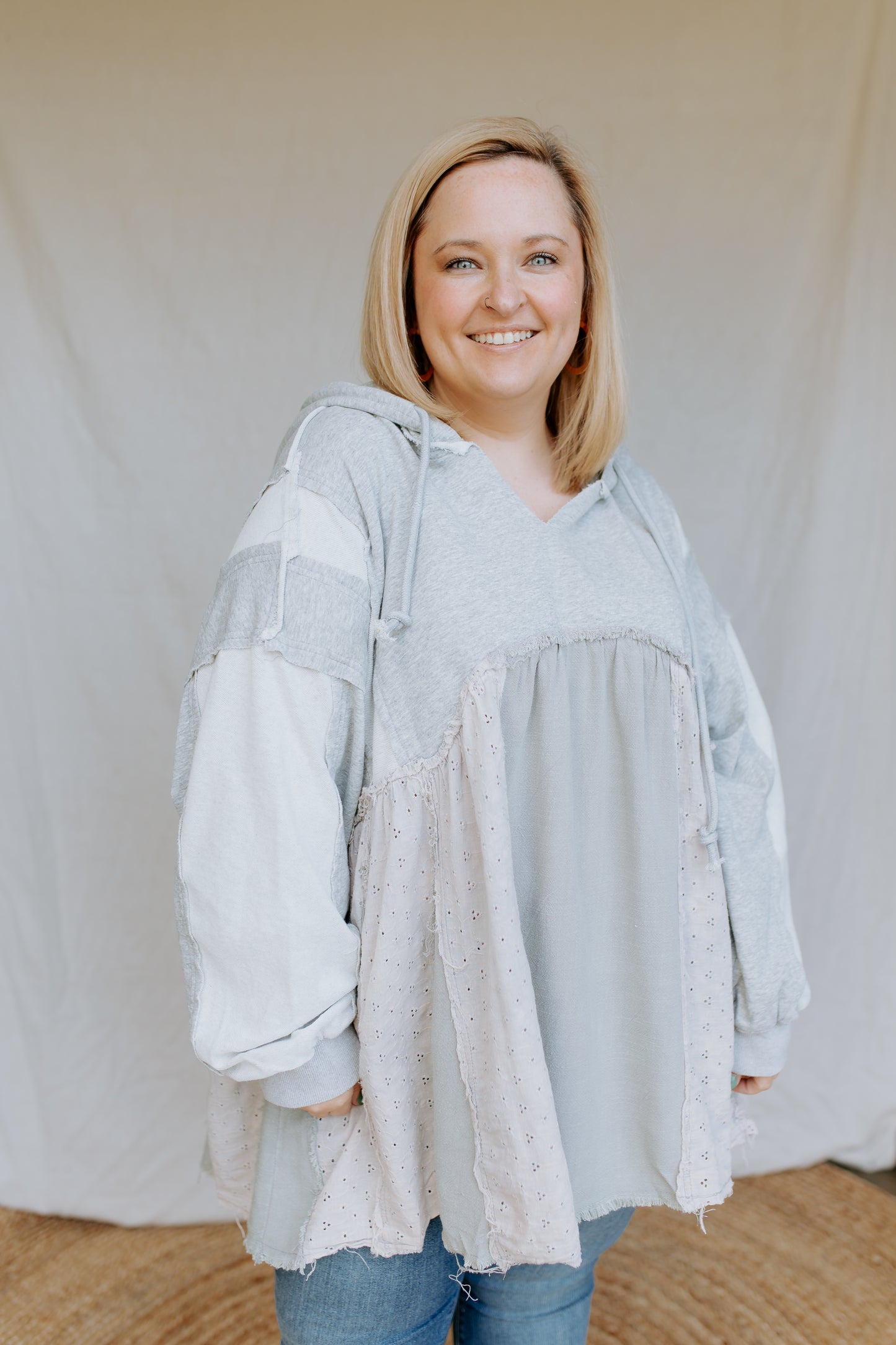 Multi Fabric Layered Hoodie Top