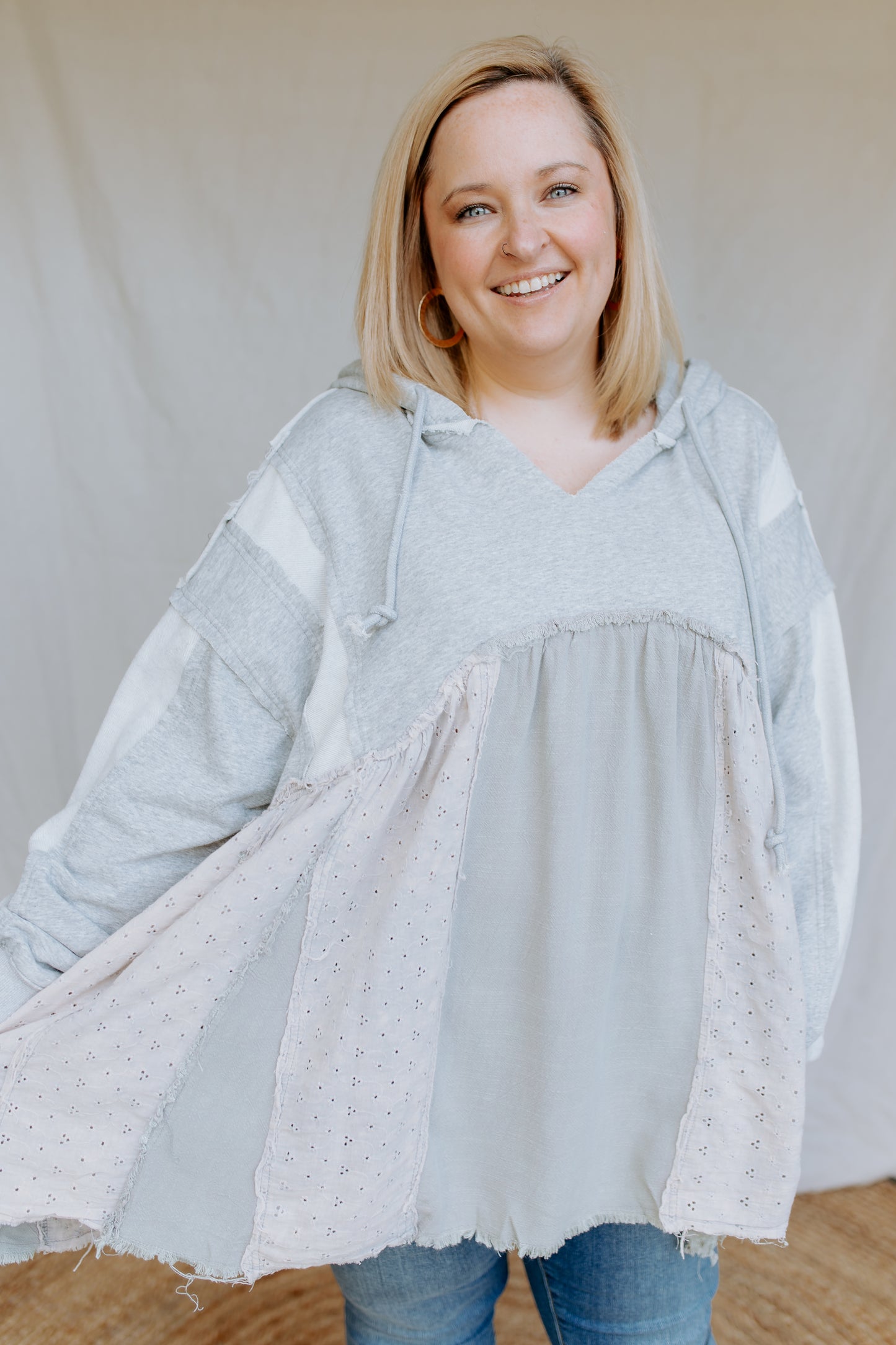 Multi Fabric Layered Hoodie Top