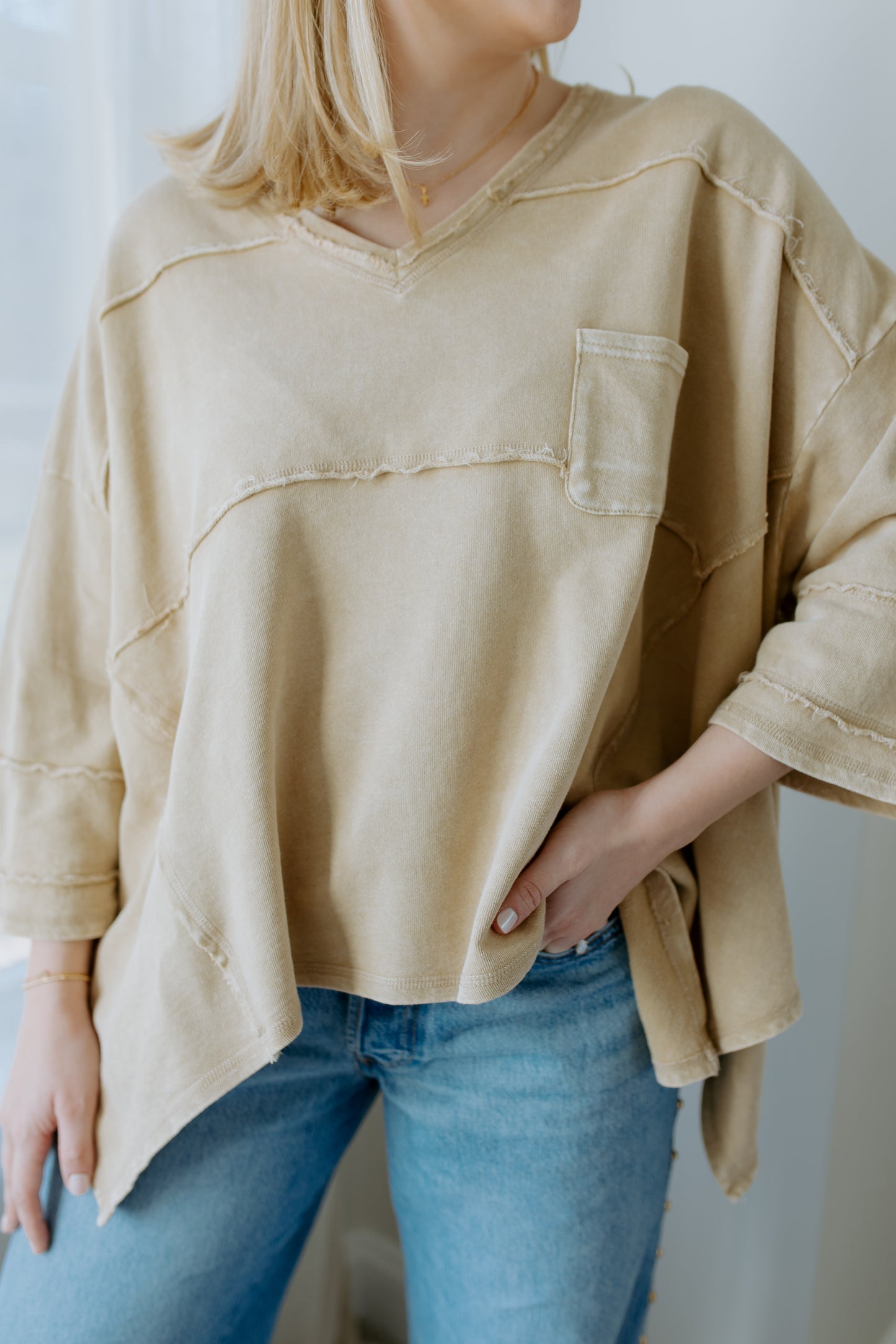 V Neck Terry Knit Top | Khaki