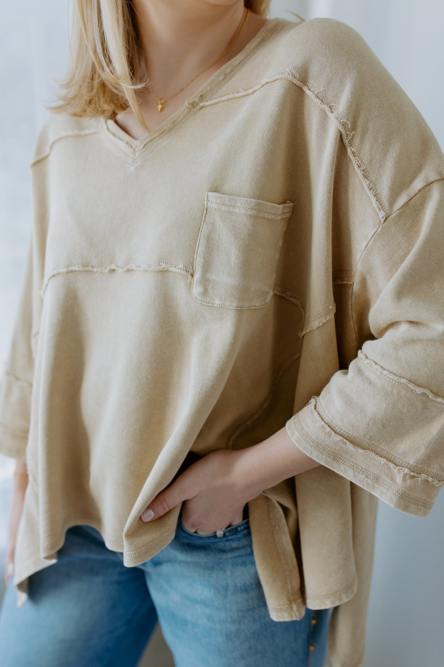 V Neck Terry Knit Top | Khaki