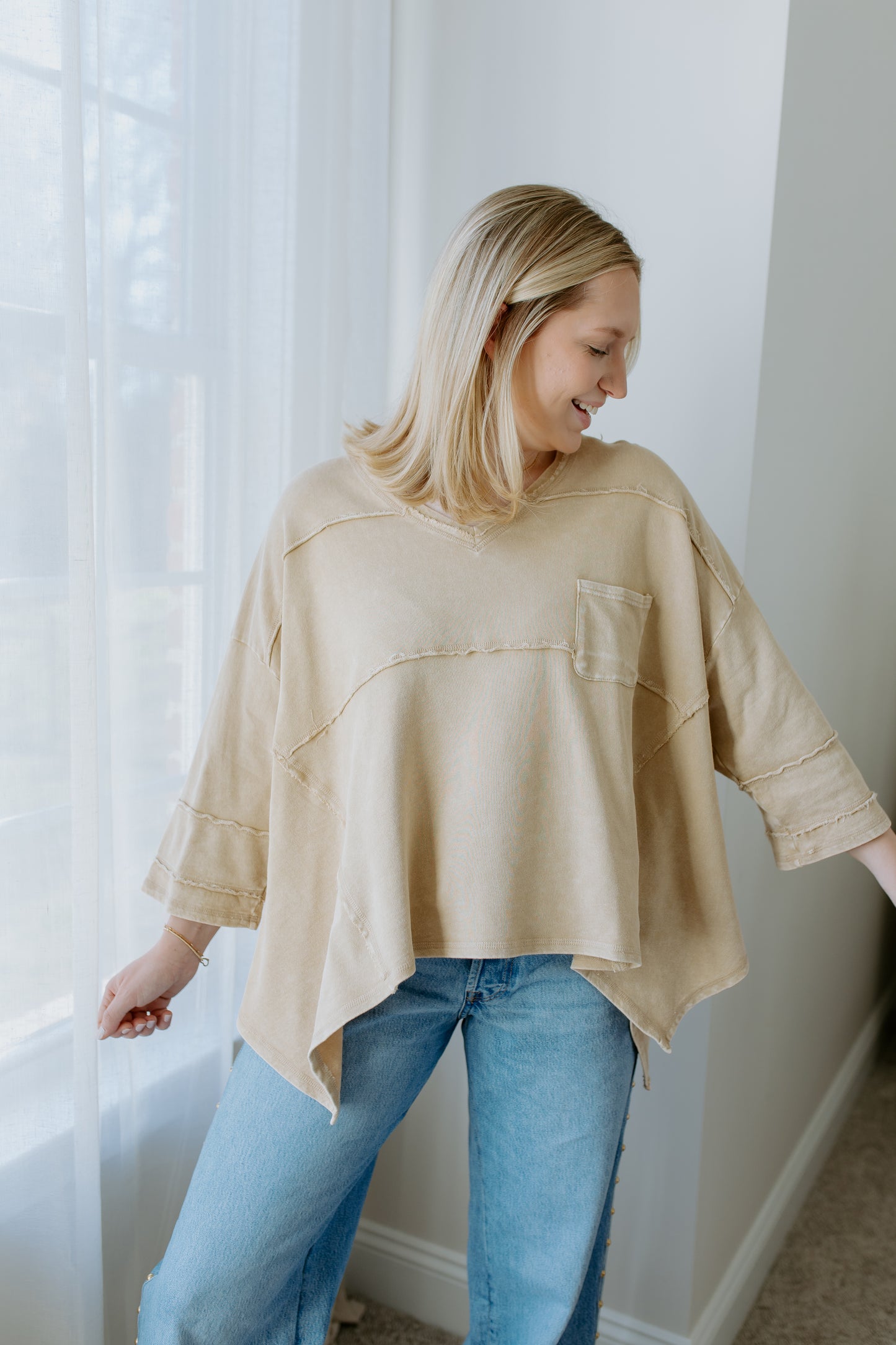 V Neck Terry Knit Top | Khaki