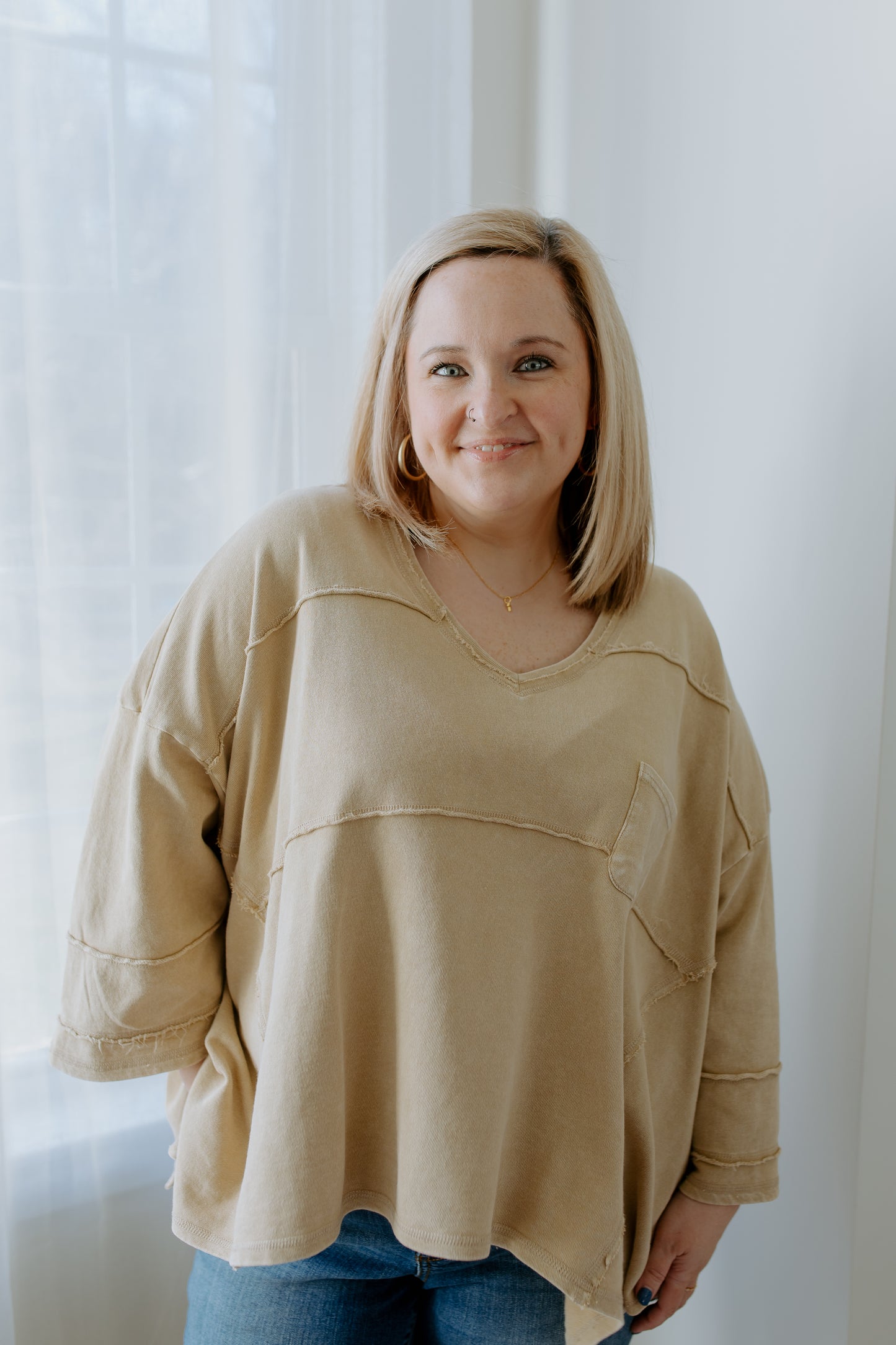 V Neck Terry Knit Top | Khaki