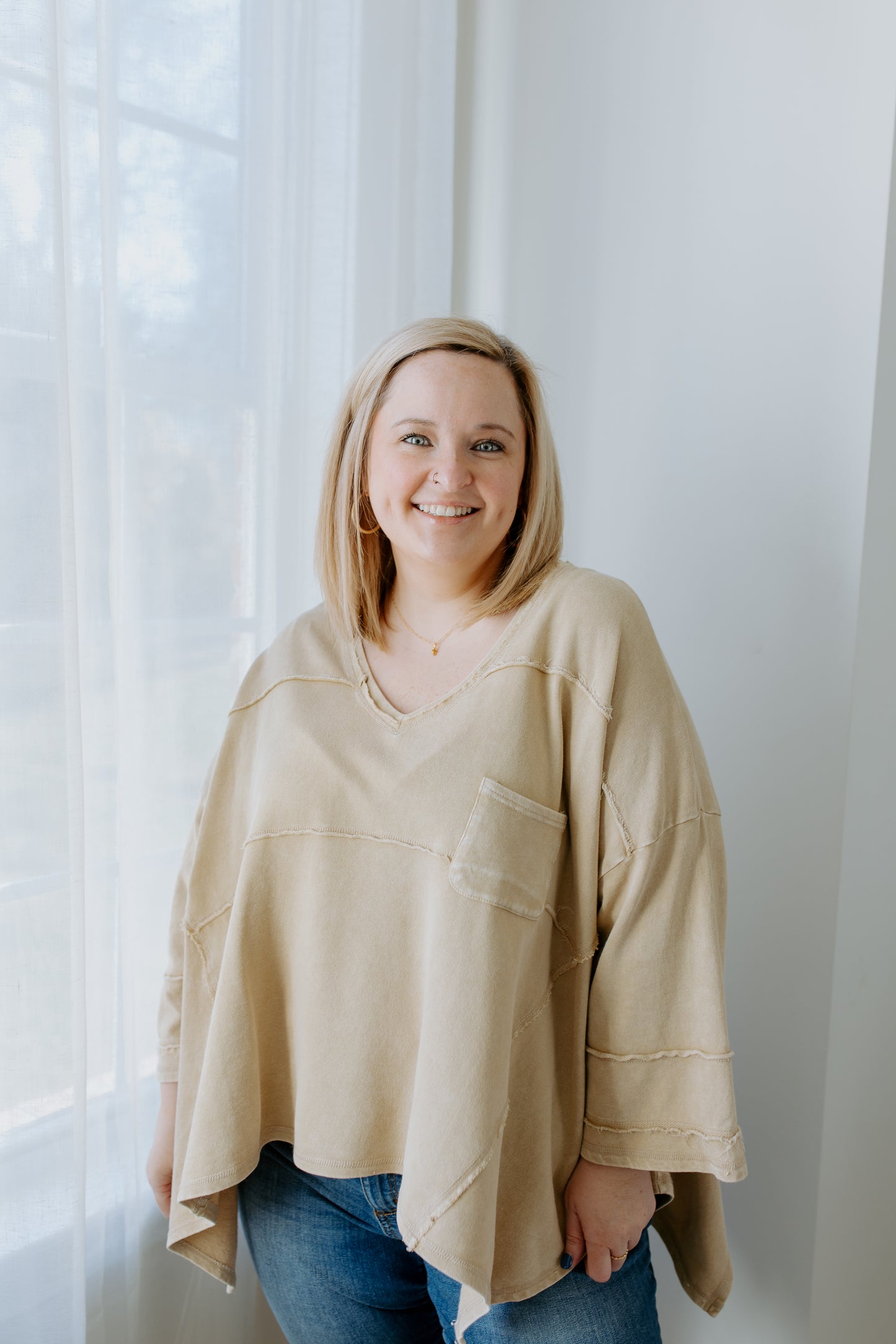 V Neck Terry Knit Top | Khaki