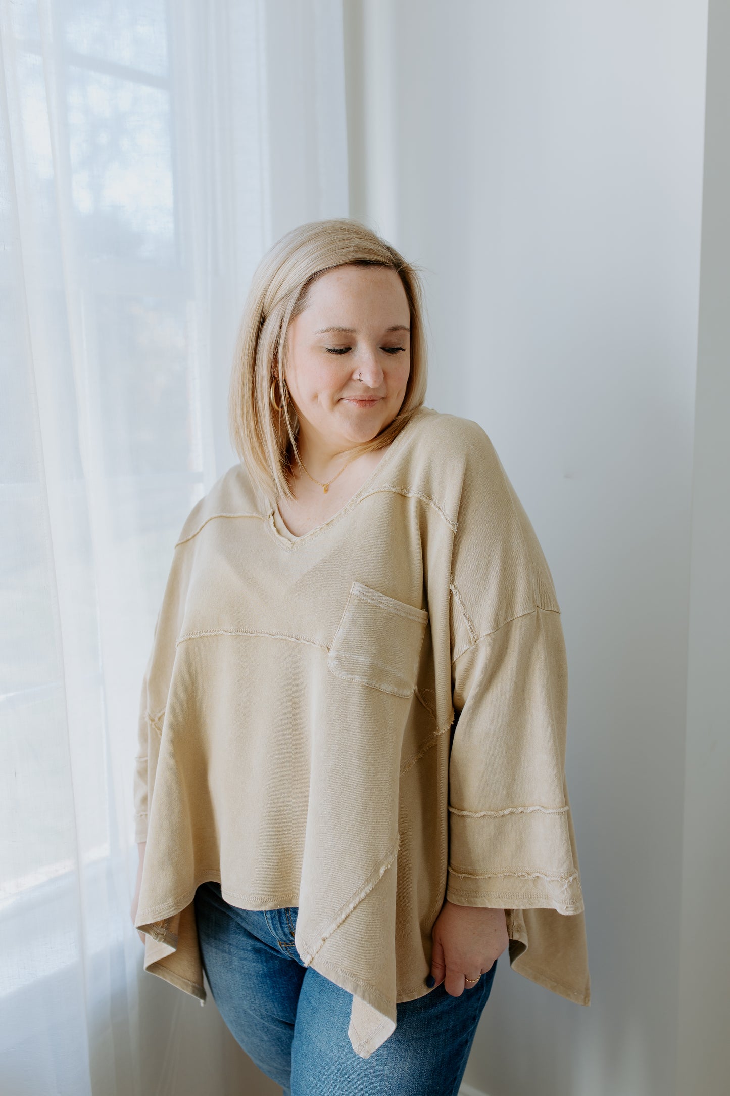V Neck Terry Knit Top | Khaki