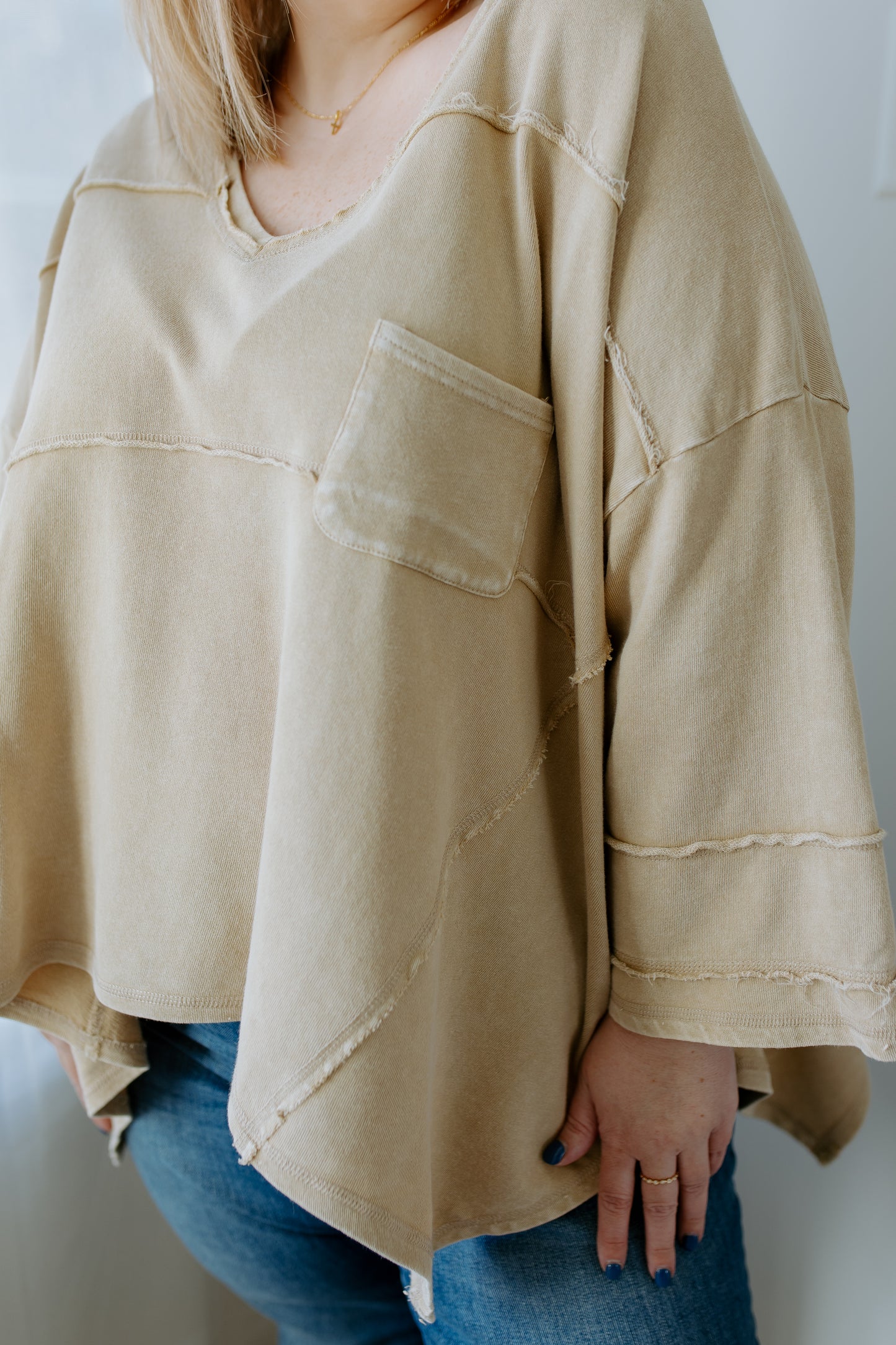 V Neck Terry Knit Top | Khaki