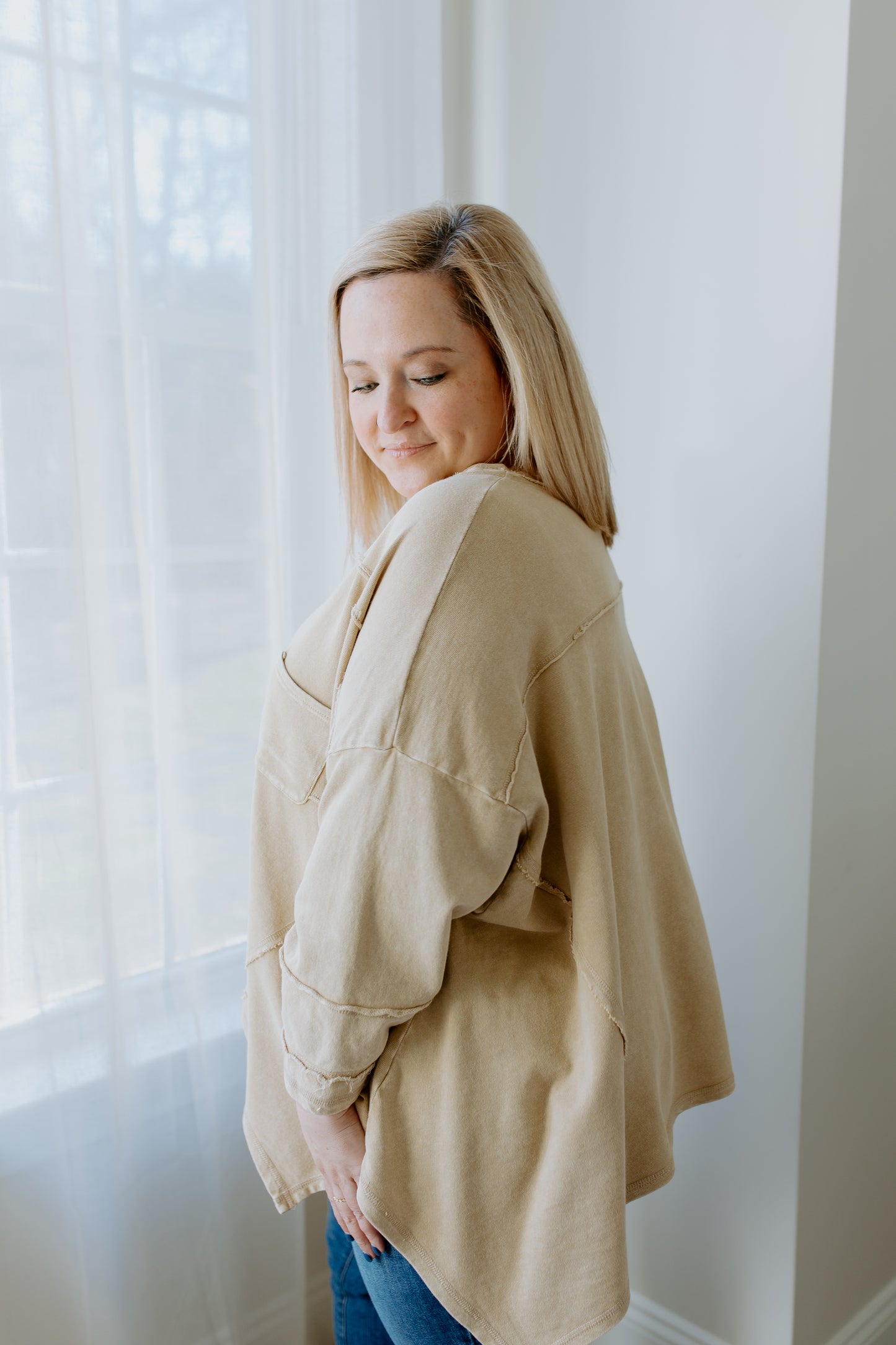 V Neck Terry Knit Top | Khaki