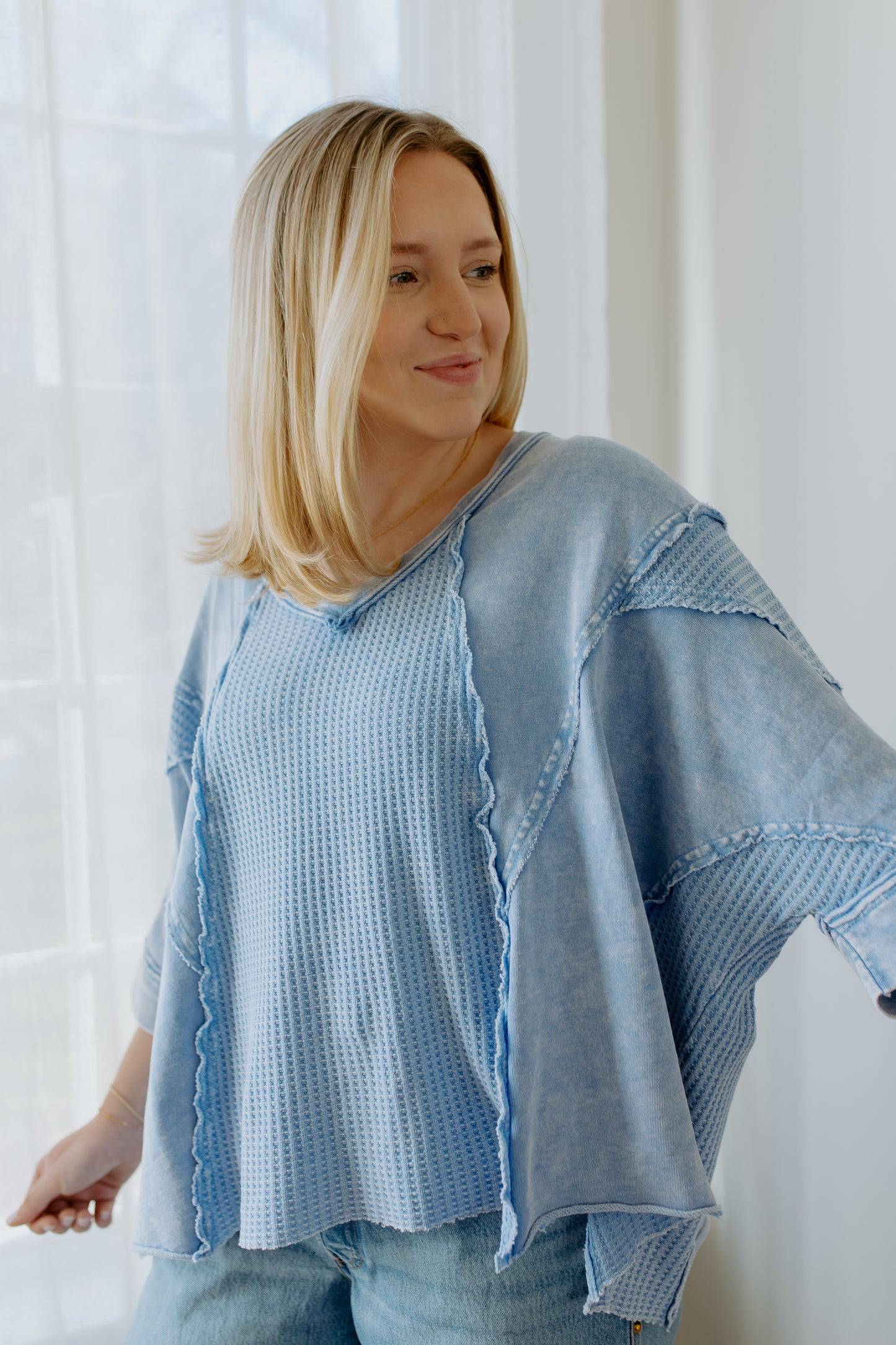 Half Sleeve Thermal Mixed Top | Peri Blue