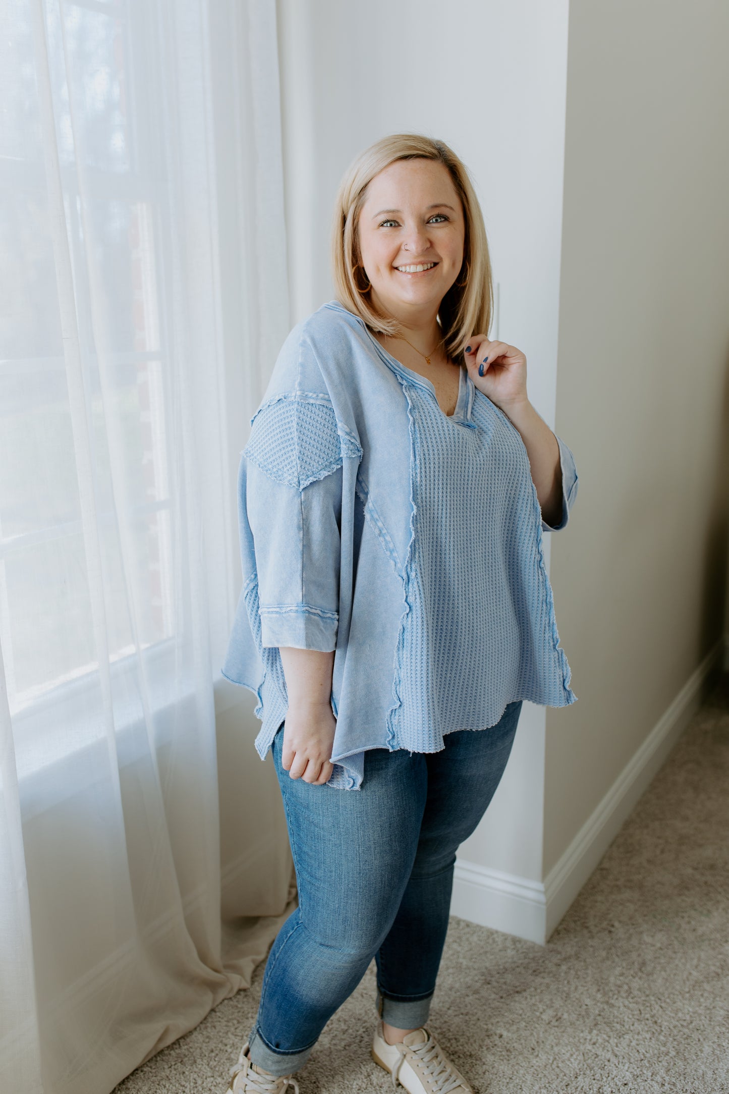 Half Sleeve Thermal Mixed Top | Peri Blue