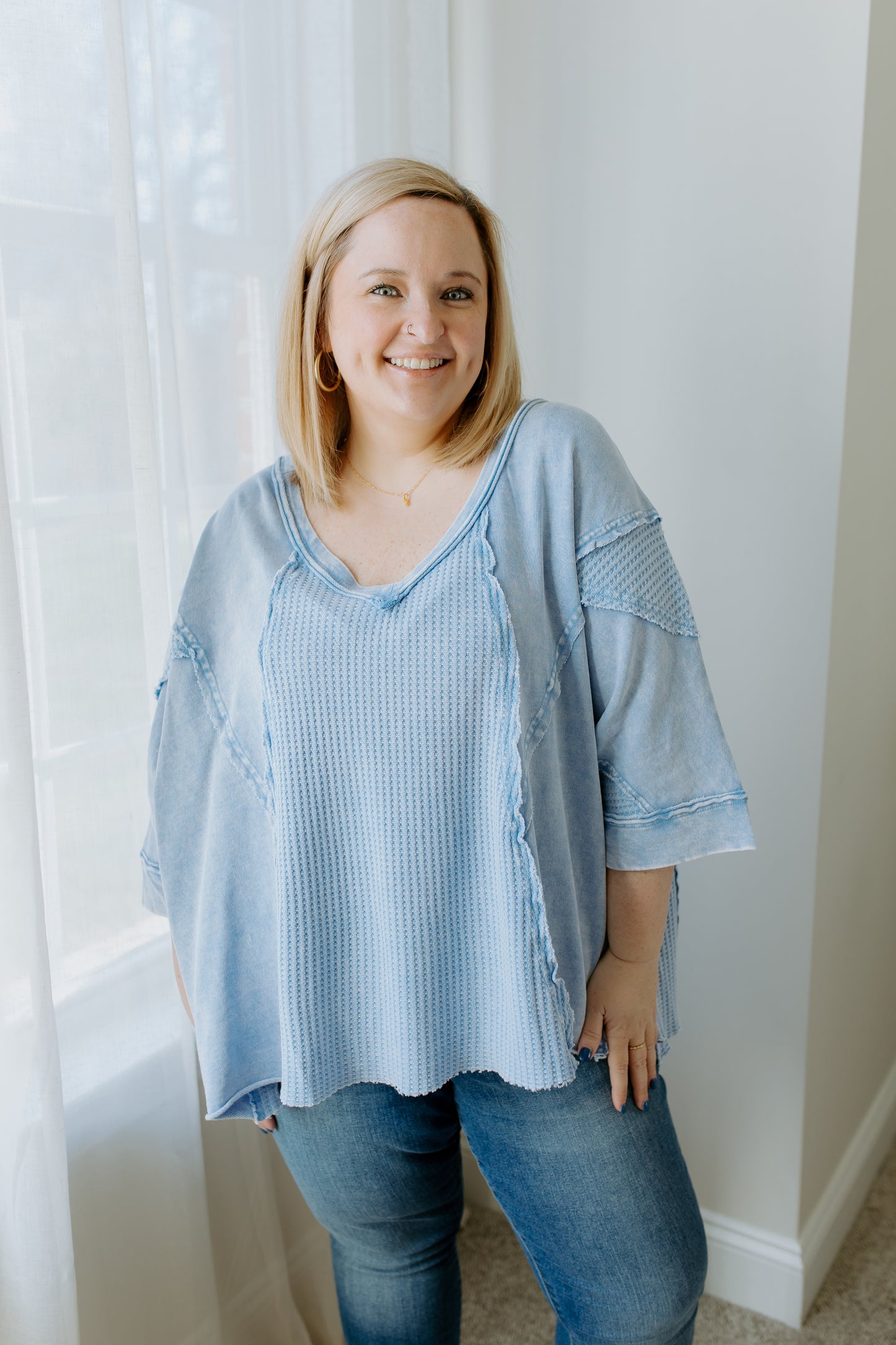 Half Sleeve Thermal Mixed Top | Peri Blue